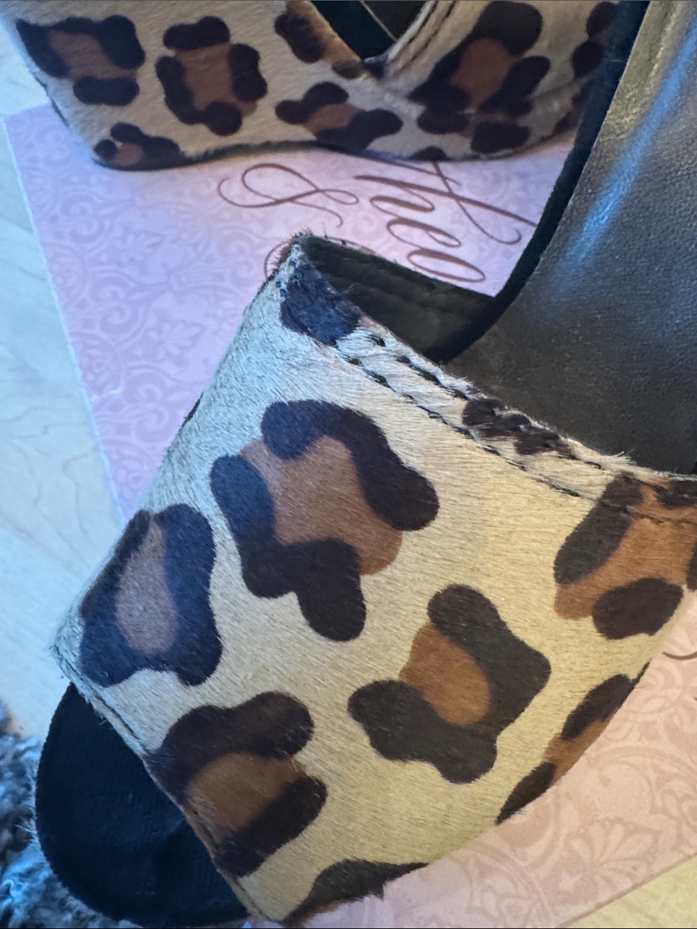 Theodora & Callum Leopard Print Wedge Sandals with Black Ankle Ties - Picture 5 of 7